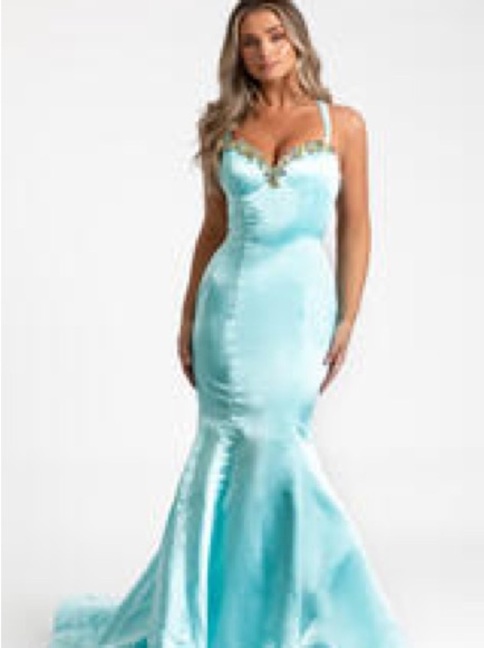 Sherri Hill Aqua Mermaid Satin Prom Gown